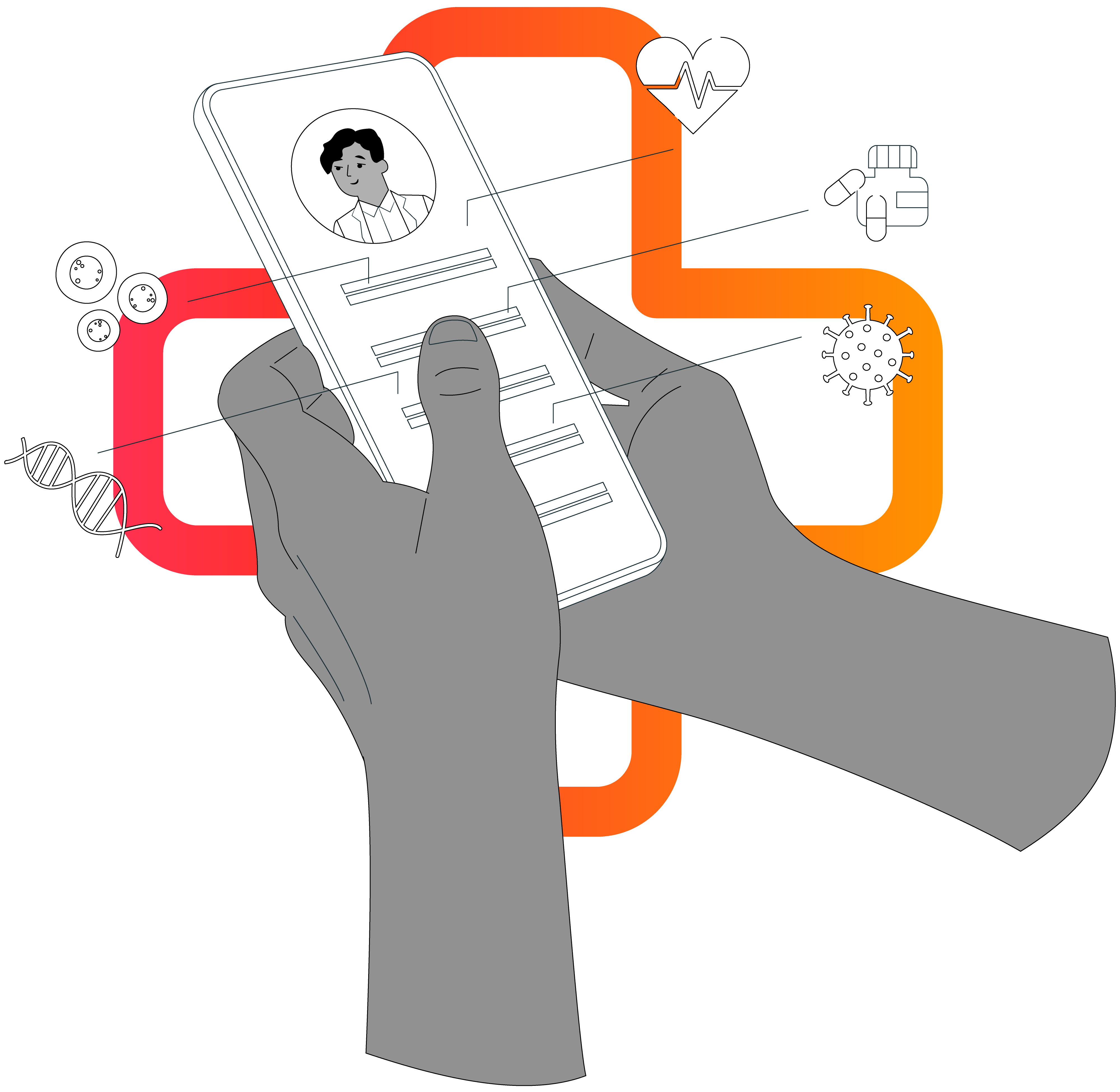 Drawing of hands holding a smartphone managing a participant 